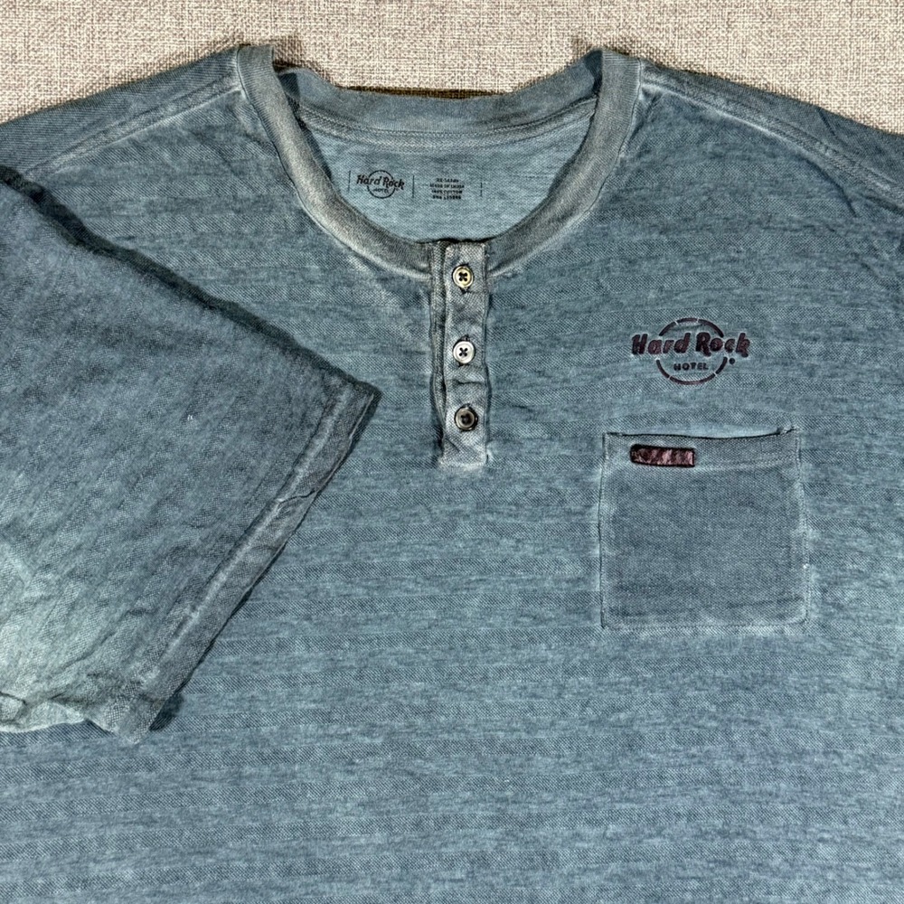 Hard Rock Hotel Henley Shirt Mens 2XL Blue Faded Wash Short Sleeve Pocket Tee